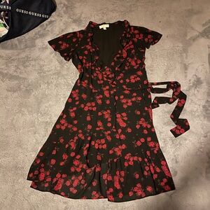 Black and Red Floral Wrap Dress